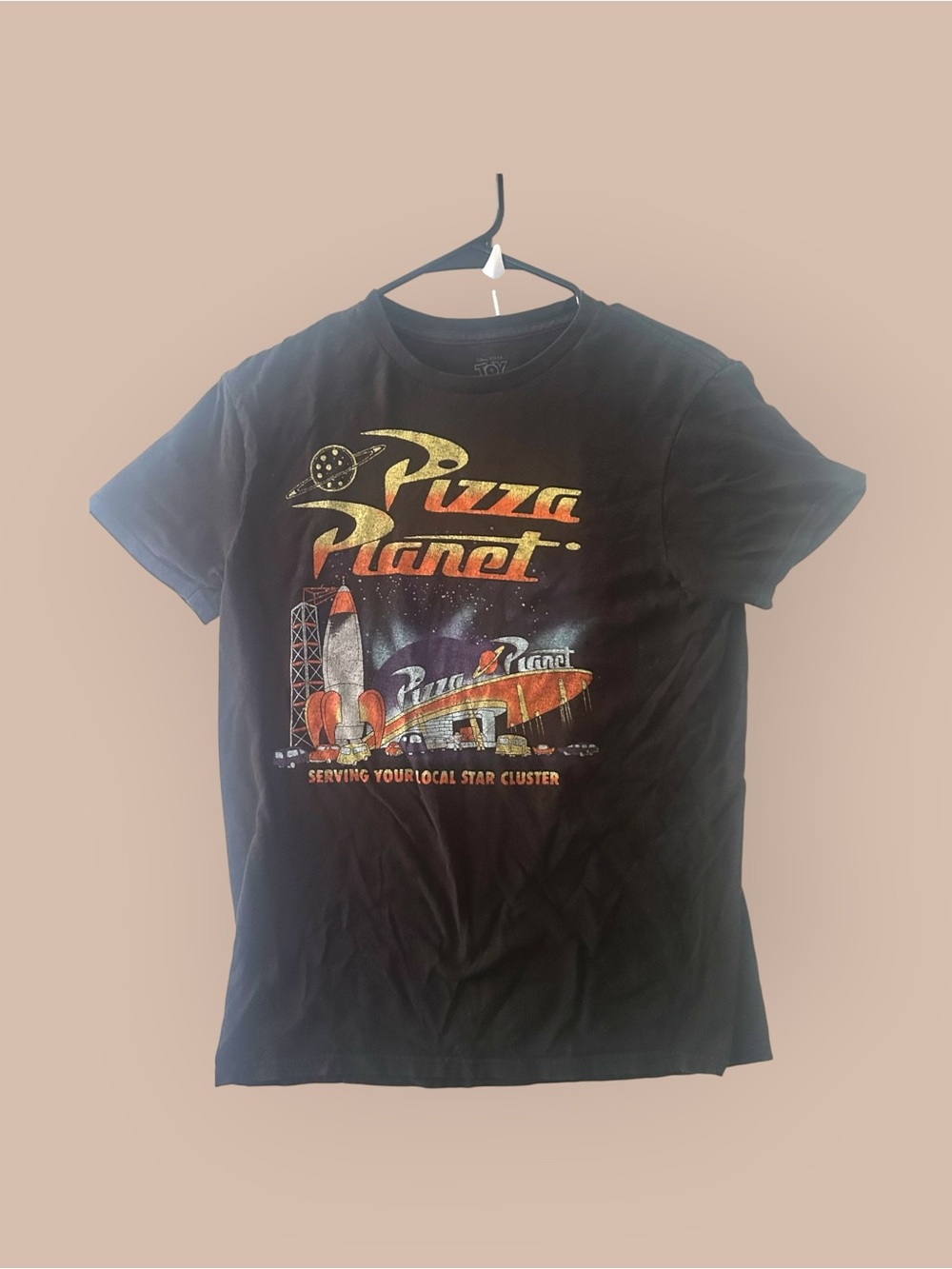 Vintage Toy Story Pizza Planet T-Shirt Size S Black Graphic Tee Disney Halloween
